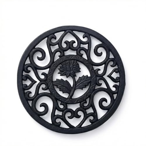 Maslasee Trivet, Cast Iron Trivet, Teapot Stand – 11.5cm Round Vintage Carved Pattern Black Heat Resistant Pot Holder, Tripod Base for Kettle, Dutch Oven