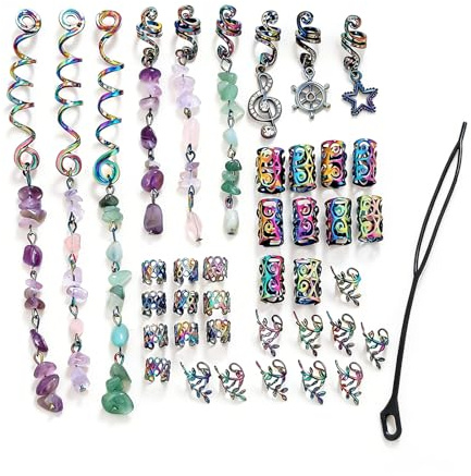 Ensemble d'accessoires capillaires bohème avec pendentif en spirale iridescente et manchons creux en métal électrolytique arc-en-ciel pour dreadlocks, tresses reggae, tresses ethniques hippie tressées