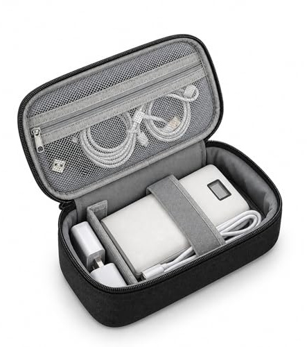 Solvio Electronics Organiser Bag, Rigid Travel Tech Pouch Bag with Handle, Waterproof Shockproof Cable Storage Case with Removable Dividers for Chargers, Cords, Power Bank, Hard Drive, Black
