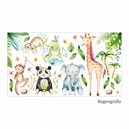 113 Wandtattoo Dschungeltiere Elefant Giraffe Panda Faultier Affe - in 6 Größen - Kinderzimmer Babyzimmer Aquarell Watercolor - schöne Wanddeko Wandbild Aufkleber Sticker - Größe 1000 x 560 mm
