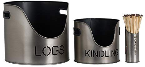 Hill 1975 Log's & Kindling Buckets + Matchstick Holder in Aged Pewter, METAL, Mixed, 0 x 0 x 32 cm