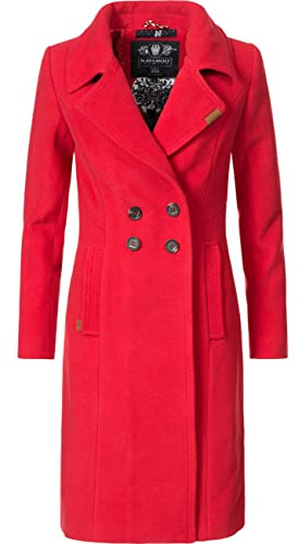 Navahoo Damen Mantel in Wollmantel-Optik langer Trenchcoat mit Reverskragen Wooly Rot Gr. S