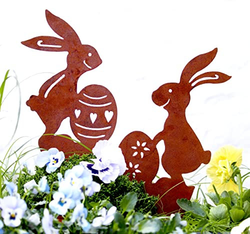 LB H&F 2er Set Gartenstecker Hasenpaar Osterhase Rost Deko Design Stecker Beetstecker