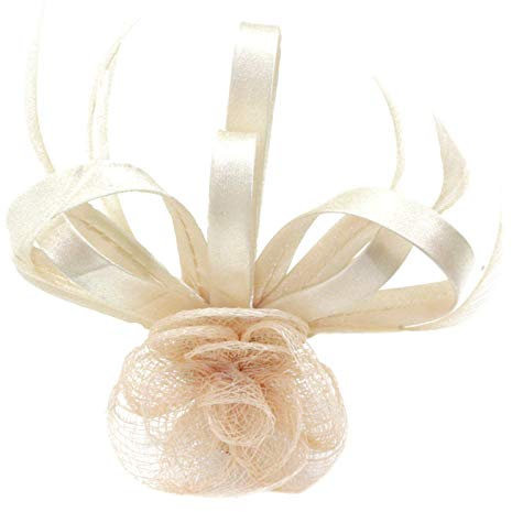 Pince Broche Mariage Fleur Sisal Plumes Rose Satiné Ivoire