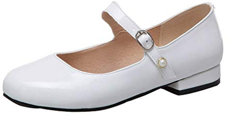Mary Jane Lack Damen Schuhe Flack Pumps mit Riemchen(Weiss,36)
