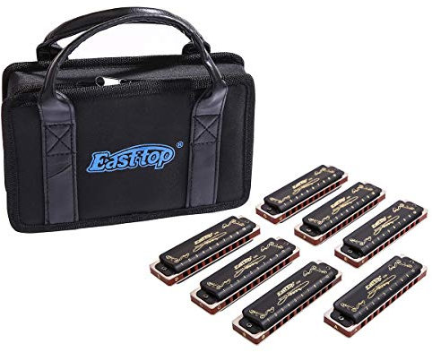 008K Mundharmonika-Set, 12 Tasten, diatonische Mundharmonika, 10 Löcher, 20 Töne, Mundharmonika für professionelle Spieler, Anfänger, Schüler, Kinder, mit schwarzer Geschenktasche (schwarze 7 Tasten)