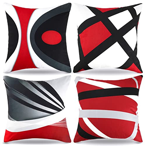 Kissenbezug 40x40 Sofakissen Modern Schwarz Rot Geometrisch Muster Abstrakte Dekokissen Dekorative Kissenbezüge Super Weicher Samt Quadrat Kissenhülle 4 er Set für Sofa Schlafzimmer Stuhlkissen Büro