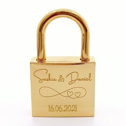 Liebesschloss24.de Vorhängeschloss Gold mit persönlicher Diamant-Gravur 1 Schlüssel Romantisches Geschenk für Ihn/Sie, 67 x 38 x 12 mm
