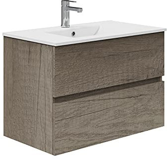 Baikal Mueble de Baño Dos cajones, suspendido a la Pared con Lavabo. Melamina 16. Mueble montado. Mueble de 80cm Nebraska Sin Espejo