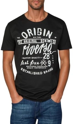 riverso Tshirt Herren Baumwolle Regular Fit RIVLeon Rundhals Kurzarm Sommer Tee Shirt Print, Größe:S, Farbe:Black (D1JD)