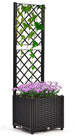 Mingone Pflanzgefäss mit Rankgitter Hochbeet Blumenkasten mit 1 Pflanzgefäß Wasserspeicher Balkonkasten Rattan Optik für Garten Terrasse
