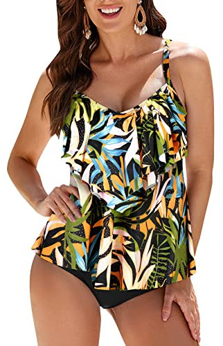 WIN.MAX Femmes Tankini Maillots de Bain Ensembles Taille Haute à Volants Volant 2 pièces Bikini Ensemble Maillot de Bain Grande Taille(Feuilles Tropicales,EU42)