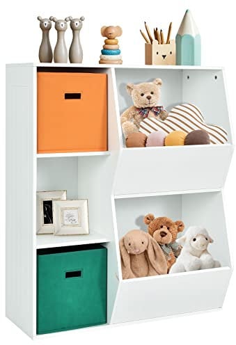 GYMAX Kids Storage Cabinet, 5 Cubbies Children Toy Organizer with 2 Large Baskets, Wooden Toddler Storage Shelf for Playroom Nursery Child’s Room (White, 35x77x93cm)