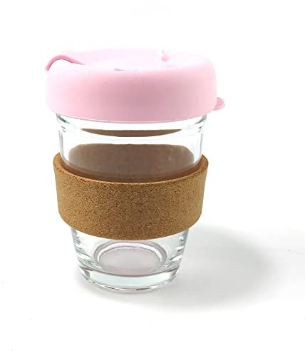 Hosoncovy 350ML Reusable Glass Coffee Cup with Cork Sleeve Heat Resistant Cork Band Travel Coffee Mug with Lid 12 OZ Coffee Cup (Pink)