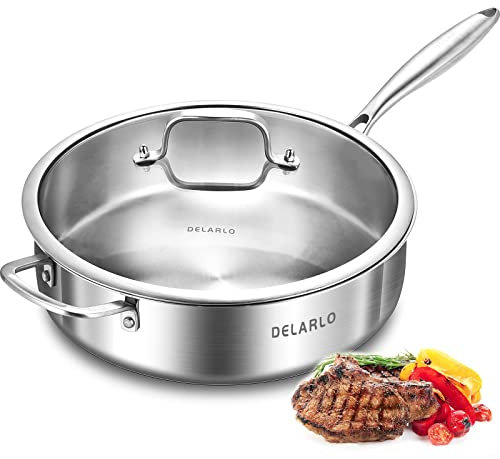 DELARLO Sauteuse triple épaisseur en acier inoxydable avec couvercle, poêle à frire profonde de 6 litres, compatible avec l'induction, passe au lave-vaisselle et au four