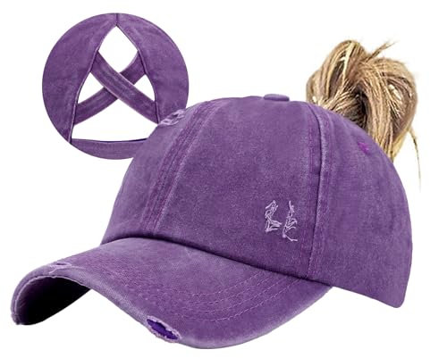Criss Cross Pferdeschwanz-Mütze, gewaschene Baseballkappe, verstellbar, hoch, unordentlich, Ponycap für Damen, Violett, Einheitsgr��e