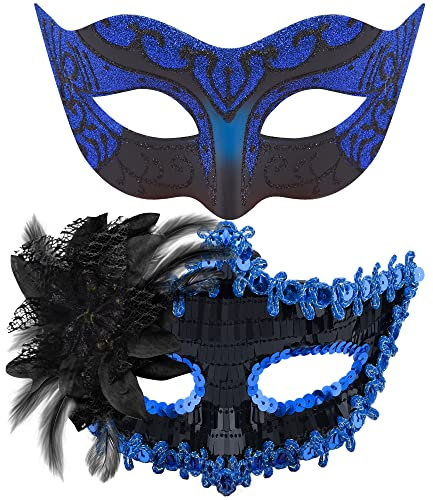 SIQUK 2 Stück Venezianische Maske Paar Maskerade Mask Venezianischen Maske Kostüm Masken für Damen Herren Halloween Karneval Party, Schwarz & Blau