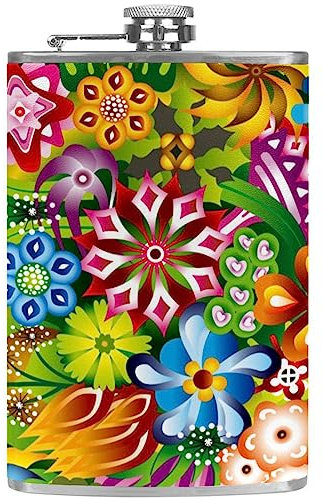 Flachmann mit Trichter, personalisierte Flaschen,Kunst-bunte Blumen-Cartoon,Tragbarer kleiner Krug aus Edelstahl für Spirituosen