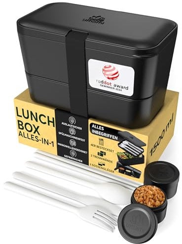 Umami Lunchbox Erwachsene, Verschachtelbar Auslaufsichere Bento Box mit 4 Bestecke & Fächern, Brotdose Erwachsene, Salatbehälter To-Go, Lunch Box für Picknick/Büro, Schwarzer Onyx, 1500 ml