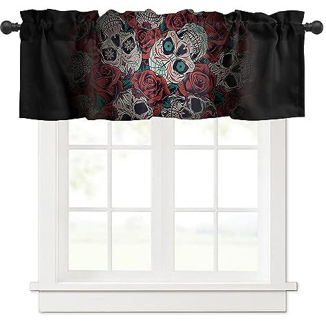Surwin Bistrogardine Coffee Break Scheibengardine Küchengardine mit Halloween-Druck, Kurzgardine Wohnzimmer Landhaus Càfe Gardinen Moderne Kurz Vorhang (137x45cm,gruseliger Totenkopf)