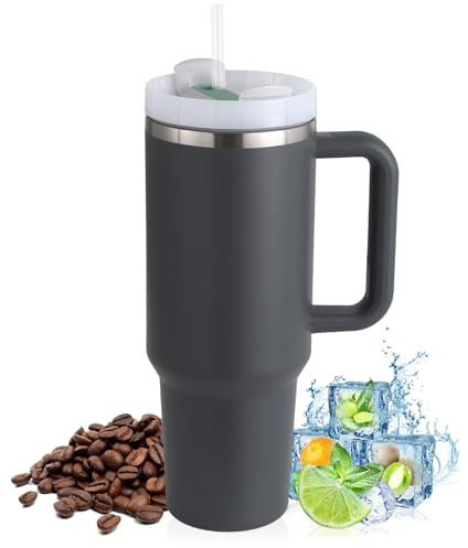 PRAOAHEI 40oz Thermobecher mit Strohhalm und Henkel, Aufgewertet Doppelwandiger Edelstahl Heiße Kalte Getränke Vakuum Trinkbecher,Kaffeebecher für Zuhause Reisen Dunkelgrau