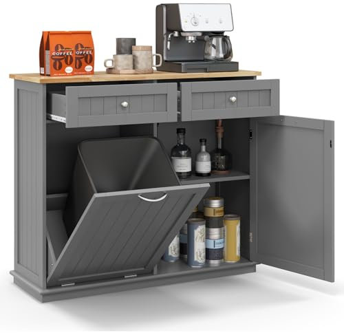 GIANTEX Meuble de Cuisine Rangement, Buffet de Cuisine Vaisselier avec 2 Tiroirs & Armoire à Porte, Placard Commode à Plateau pour Salon Buanderie Toilette, Convient à Poubelle (Non Inclus) (Gris)