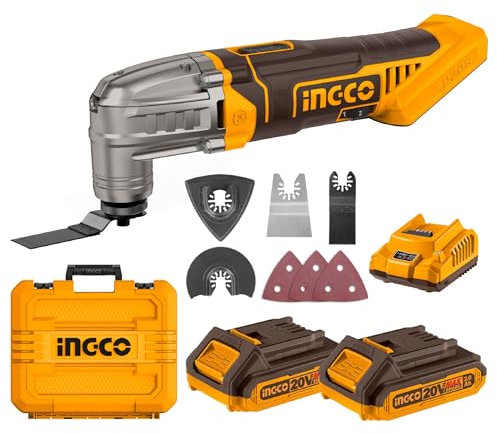 INGCO Cordless Multi Tool 5000-20000 RPM, 6 Variable Speed, 3.2° Oscillation Angle, 20V Oscillating Multi-Tool with 2Pcs 2.0Ah Battery and Charger for Sawing, Cutting, Sanding