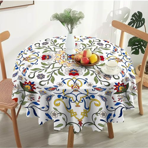 Tischdecke Outdoor Tischdecke Rechteckig Abwaschbar Gartentischdecke Tischdecken Fleckschutz Wasserdicht Tischtuch für Küche, Garten, Partys und Abendessen (Weinlese-Blume, Rund 150cm)
