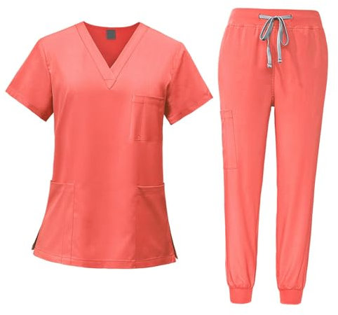 LOVIVER Frauen Uniform Scrubs Set Krankenschwester Top Hosen Female Scrub Set Kleidung Arbeitskleidung, Orange Rot, S