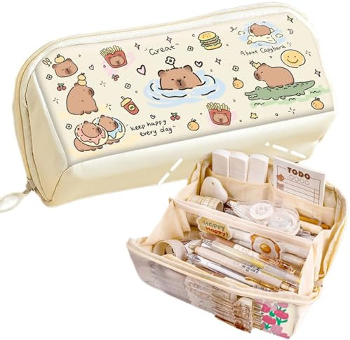 SIORTIO Federmäppchen, mehrlagig, großes Fassungsvermögen, Capybara-Druck, witzig, niedlich, Beige-2, Mehrschichtiger Capybara-Druck mit großem Fassungsvermögen, witzig, bezaubernd