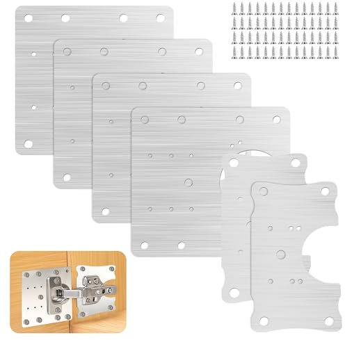 Aster 6 Pcs Cabinet Hinge Repair Plate, Stripped Door Hinge Repair Fixing Plate, Stainless Steel Cabinet Door Hinge Repair Borad with Mounting Screws, Kitchen Cupboard Door Hinge Repair Brackets Kit