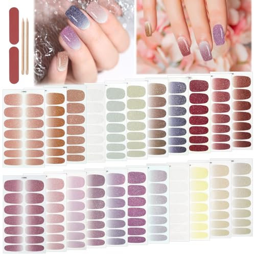 Gorvalin 22 Sheets Self Adhesive Glitter Nail Wrap Stickers, Colorful Ombre Gel Nail Strip Nail Polish Fingernail Sticker wtih Nail Flie and Sticks for Women Girls