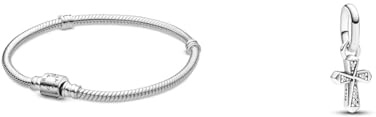 PANDORA Schlangen-Gliederarmband mit Zylinder-Verschluss in Sterling-Silber Moments Collection, Größe 18 & ME Funkelndes Kreuz Mini-Charm-Anhänger