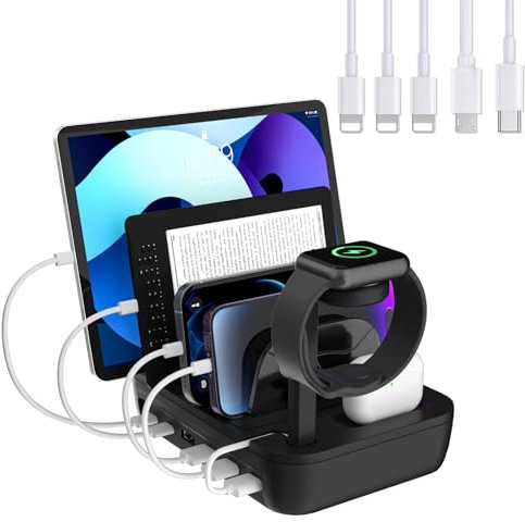 HUACHO ladestation mehrere geräte, 6-Anschluss-Ladedock mit AirPods und iWatch Ladeständer, 5 kurze, gemischte Kabel für iPhone/iPad/Android/Tablets – Tiefschwarz