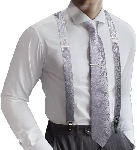 Barry.Wang Ensemble bretelles et cravates pour homme type X avec pince à cravate motif cachemire pour mariage, bal de fin d'année, Argenté., taille unique