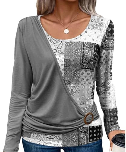 Yeenily Blusas Mujer Manga Larga Camisas Elegante Moda T-Shirt Cuello Redondo Camiseta Casual Primavera Otoño Blusa Tops (Gris, L)