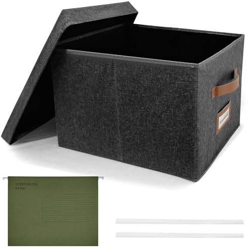 Hibtn File Organiser Box with Lid, A4 Box Files Suitable for Home and Office, Foldable PVC Filing Storage Boxes with Plastic Slide Black 1pcs