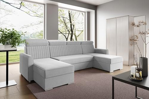 LIKMA Grau Ecksofa Neli U-Form 274x162 cm mit Schlaffunktion (254x125 cm) Eckcouch mit Bettkasten und Verstellbare Kopfstützen Wohnlandschaft Bettsofa mit 2X Stauraum Polstermöbel Sofa
