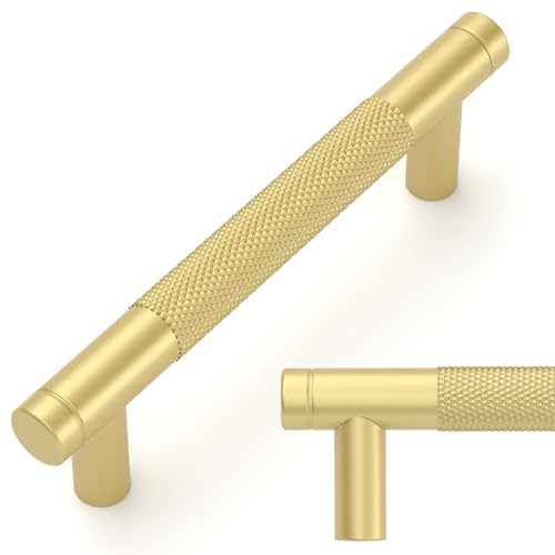 Amerdeco 10 Stück Mattes Gold Gerändelte Schrankgriffe 96mm Lochabstand, Aluminium Griffe für Küchenschränke & Möbelgriffe für Schubladen