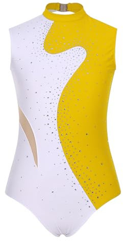 YOOJIA Damen Turnanzug Glitzer Ballettkleidung Ballett Trikot Mesh Patchwork Tanz Body Sportbody Leotard mit Strass Gymnastikanzug Gelb XXL