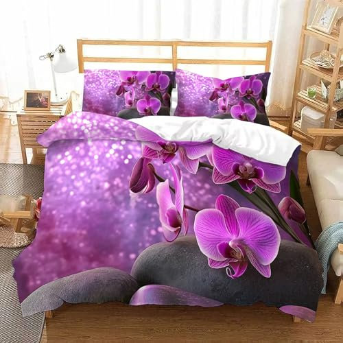 JSCWDET Bettwäsche 135×200cm 2teilig 3D-Digitaldruck lila Orchidee Bettwäsche-Sets Kinder Mikrofaser mit Reißverschluss Pflanzen Blumen Soft Jungen Mädchen Bettwaren Bettbezug