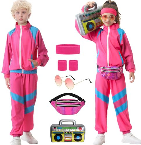 Hislovy 80er Jahre Kostüm Kinder,90er Jahre Outfit Trainingsanzug Jungen Mädchen Halloween Karneval, Rosa, 122/128