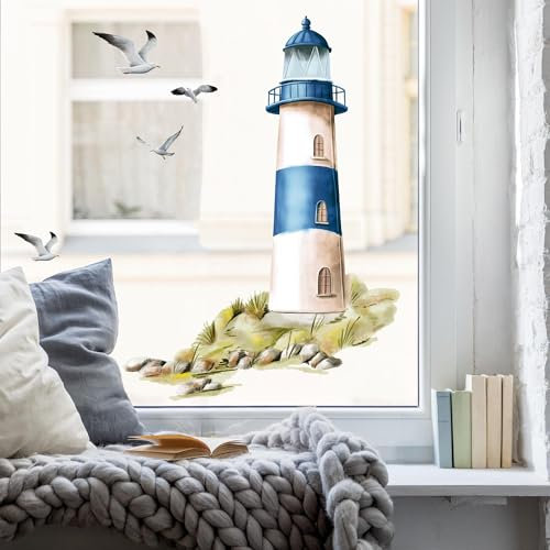 vWandtattoo Loft Fensterbild mit blauem Leuchtturm wiederverwendbar A1 Bogen, Fensteraufkleber Leuchtfeuer maritim blau Ostsee Nordsee Meer Urlaub Fensterdeko Küche Fenstersticker Möwen Warnemünde