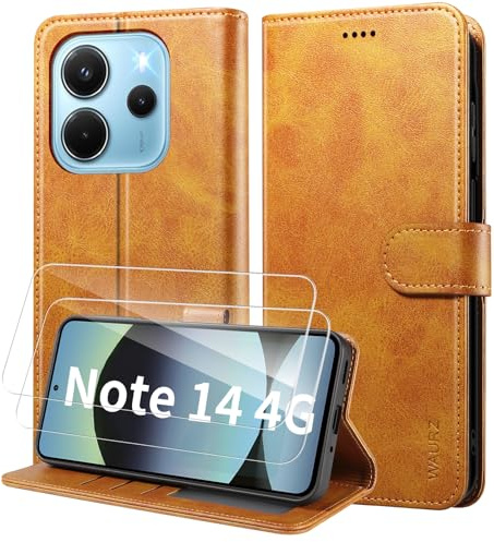 WAURZ Hülle Handyhülle für Xiaomi Redmi Note 14 4G, Gelb | Klapphülle Klappbar Leder mit 2 Schutzglas Schutzfolie Kartenfach, Stoßfest Schutzhülle Tasche Flip Case Handytasche Cover