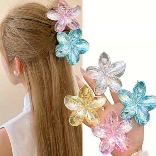 Lot de 4 pinces à cheveux en forme de fleur irisée moyenne - Pour femme et fille - 4 cm - Antidérapantes - Rose, bleu, jaune, transparent