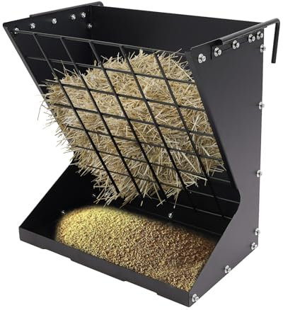 Großes Heuraufe für Schafe und Ziegen,2 in1 Heu lagern und Futter füttern Heuraufe Futternapf Hängende Heu-Futterstation mit Futterspargitter und Haken, drinnen und draußen (Schwarz)