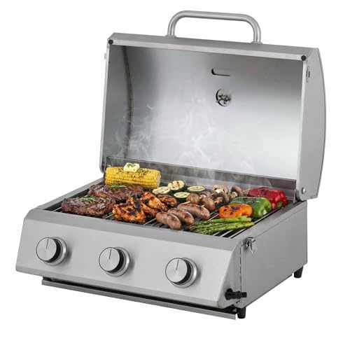 Tarrington House Barbecue à Gaz Portable CATHAN 3 Brûleurs, Acier Inoxydable, 6.6 kW, Couvercle avec Thermomètre, Allumage Piézoélectrique, Argent