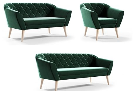 Sofello Couchgarnitur Gloria Wohnzimmerset 3+2+1 Sitzer Samt Hohe Holzfüße Buche (Riviera 38 - grün)