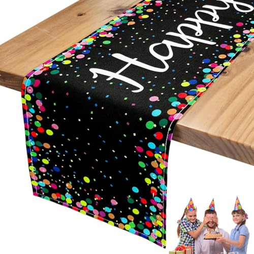 Tischläufer Geburtstag, 183 x 33cm Geburtstagsdeko Tisch Geburtstagstischdecke Mehrweg Happy Birthday Deko Tischdeko Geburtstag für Geburtstag Party Dekoration (Schwarz)