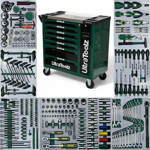 Ultratoolz Werkstattwagen 7 Schubladen + 1 Seitenfach – befüllt mit Werkzeugset – rollbarer Werkzeugwagen mit Zentralverriegelung & Schwerlastrollen – ideal für Werkstatt & Garage